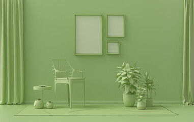 Gallery wall with three frames, in monochrome flat single light green color room with furnitures and plants,  3d Rendering