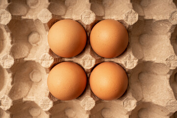 Four brown eggs on eggs craft holder. Top view. High quality photo