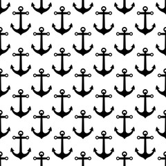 Black ship anchors isolated on white background. Cute monochrome seamless pattern. Vector simple flat graphic illustration. Texture.