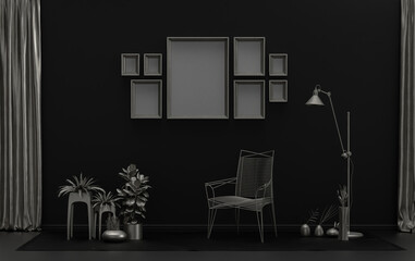 Fototapeta premium Minimalist living room interior in flat single pastel black background and metallic silver color with 8 frames on the wall and furnitures and plants, in the room, 3d Rendering
