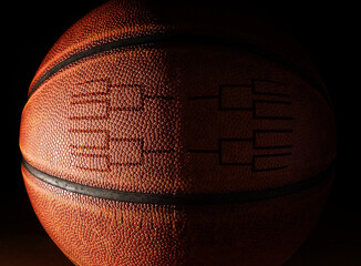 Closeup of a basketball with a tournament bracket - 420886320