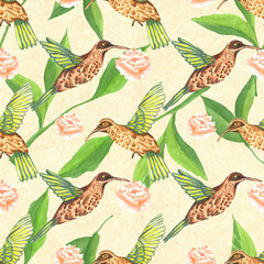 Watercolor seamless pattern. Botanical background with hummingbirds, leaves, branches and herbs. Design elements, birds. Perfect for textile, packing, fabric, invitations, cards.