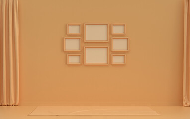 Minimalist living room interior in flat single pastel orange pinkish color with 8 frames on the wall and furnitures and plants, in the room, 3d Rendering