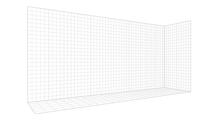 perspective drawing grid template, long narrow hallway wall. black lines digital illustration isolated on white background
