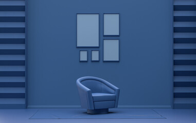 Single color monochrome dark blue color interior room with single chair, without plant,  5 poster frames on the wall, 3D rendering