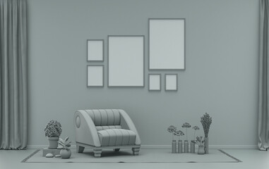 Wall mockup with six frames in solid flat  pastel ash gray color, monochrome interior modern living room with single chair and plants, 3d rendering