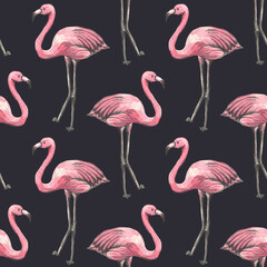 Seamless tropical pattern with pink flamingo on dark background. Watercolor background. Design for wallpaper, textile design, packing, textile, fabric.