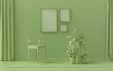 Gallery wall with three frames, in monochrome flat single light green color room with single chair and plants,  3d Rendering