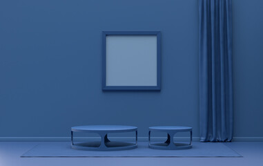 Single Frame Gallery Wall in dark blue monochrome flat color room with middle ottoman puff without plants, 3d Rendering