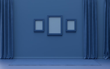 Gallery wall with three frames, in monochrome flat single dark blue color room without furniture and empty,  3d Rendering