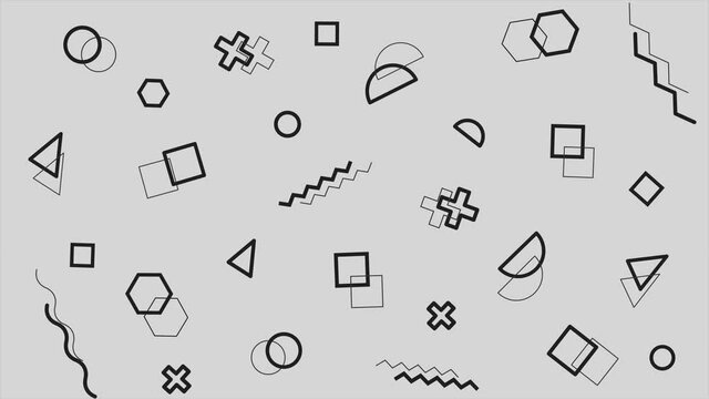 4K geometric monochrome black and white shapes pattern in retro, doodle memphis 80s - 90s style. Looping minimalistic video clip footage.