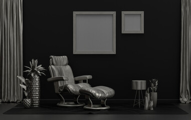 Double Frames Gallery Wall in black and metallic silver color monochrome flat room with furnitures and plants, 3d Rendering
