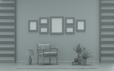 Mock-up poster gallery wall with 7 frames in solid pastel ash gray room with furnitures and plants, 3d Rendering
