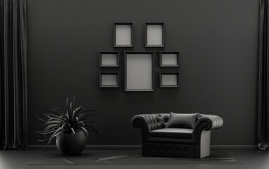 Mock-up poster gallery wall with six frames in solid pastel black and dark gray room with single chair and plants, 3d Rendering