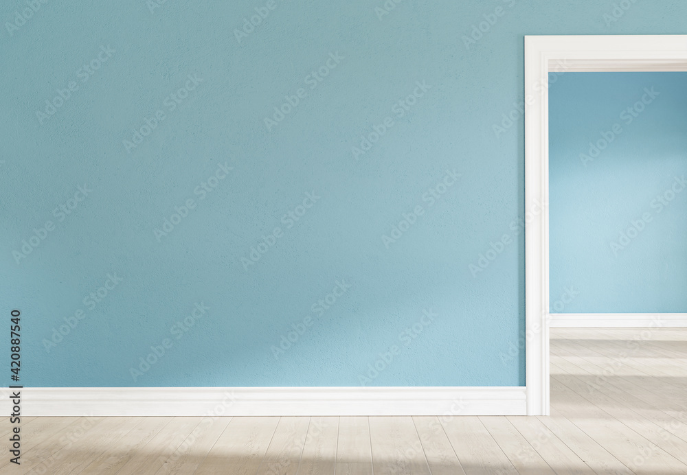 Poster white and blue, empty scandinavian style interior. two rooms wit alot of space. 3d rendering. 3d ill