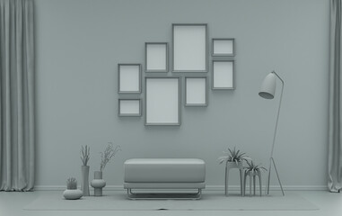Minimalist living room interior in flat single pastel ash gray color with 8 frames on the wall and furnitures and plants, in the room, 3d Rendering