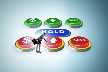 Concept of commercial choices between buying holding and selling