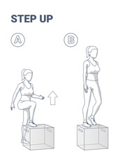 Step Up Exercise for Woman Home Workout Guide. Young Female in Sportswear Does the Escalation on Box