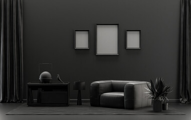 Gallery wall with three frames, in monochrome flat single black and dark gray color room with furnitures and plants,  3d Rendering