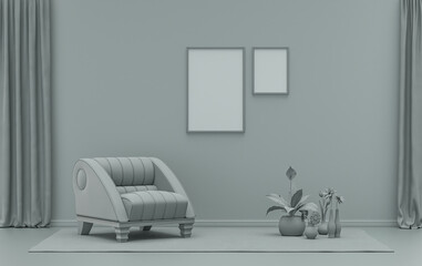 Double Frames Gallery Wall in ash gray color monochrome flat room with single chair and plants, 3d Rendering