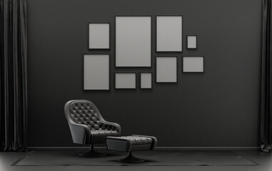 Modern interior flat black and dark gray color room with single chair, without plant, gallery wall template with 9 frames on the wall for poster presentation, 3d Rendering