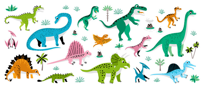 Childish poster with Jurassic reptiles. Cute flat dinosaur set. Illustrations prehistoric lizard for children. Cartoon characters dino isolated on white background. Dinosaur era wildlife - Vector