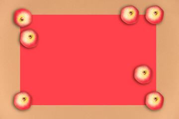 Pomegranate on red background, monochrome repetitive fruit, healthy food with anti oxidants concept