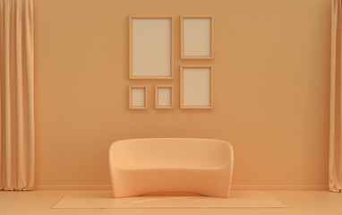Flat color interior room for poster showcase with 5 frames  on the wall, monochrome orange pinkish color gallery wall with single chair, without plant. 3D rendering