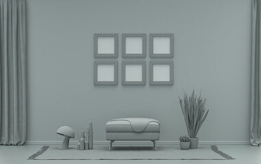 Mock-up poster gallery wall with six frames in solid pastel ash gray room with furnitures and plants, 3d Rendering