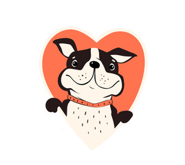 Pug or bulldog in heart shape frame, holding heart with paws, cute animal design of funny smiling happy dog in love. Vector dog for kids illustration.