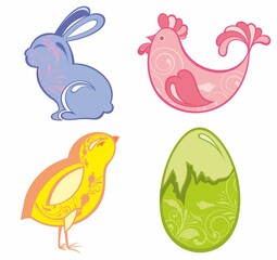 Cute Easter bunny, chicks, egg 