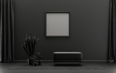 Single Frame Gallery Wall in black and dark gray color monochrome flat room with single chair and plants, 3d Rendering