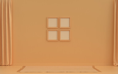 Single color monochrome orange pinkish color interior room without furniture and empty,  4 poster frames on the wall, 3D rendering