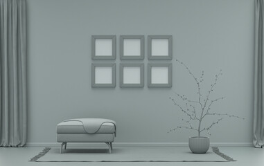 Mock-up poster gallery wall with six frames in solid pastel ash gray room with single chair and plants, 3d Rendering