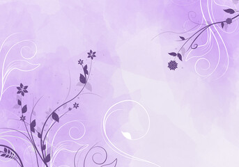 Fototapeta na wymiar Elegant purple and white background with swirls and little leaves and space for your text. Spring illustration.