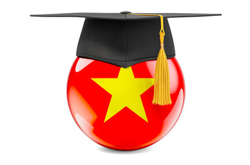 Education in Vietnam concept. Vietnamese flag with graduation cap, 3D rendering