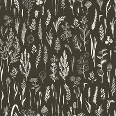 Wild herbs and flowers painted are in engraving style.