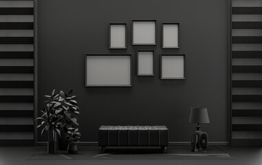 Poster frame background room in flat black and dark gray color with 6 frames on the wall, solid monochrome background for gallery wall mockup, 3d rendering