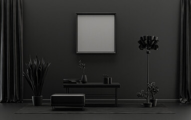 Single Frame Gallery Wall in black and dark gray color monochrome flat room with furnitures and plants, 3d Rendering