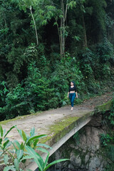 beautiful latin woman crossing a cement bridge covered with green moss in the middle of the Colombian jungle, observing nature feeling free and without fear of the void (height).