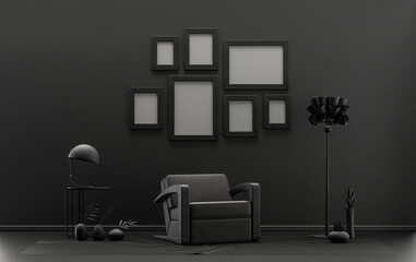 Minimalist living room interior in flat single pastel black and dark gray color with seven frames on the wall and furnitures and plants, in the room, 3d Rendering