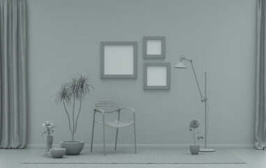 Gallery wall with three frames, in monochrome flat single ash gray color room with furnitures and plants,  3d Rendering