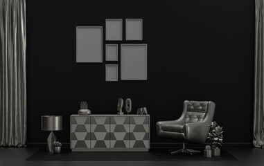 Mock-up poster gallery wall with six frames in solid pastel black background and metallic silver  room with furnitures and plants, 3d Rendering