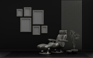 Wall mockup with six frames in solid flat  pastel black background and metallic silver color, monochrome interior modern living room with single chair and plants, 3d rendering