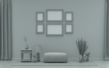 Poster frame background room in flat ash gray color with 6 frames on the wall, solid monochrome background for gallery wall mockup, 3d rendering