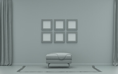 Mock-up poster gallery wall with six frames in solid pastel ash gray room with middle ottoman puff without plants, 3d Rendering