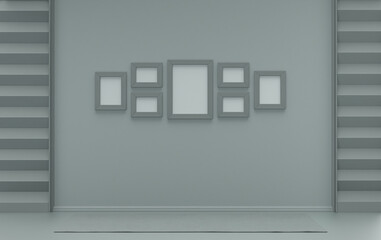 Mock-up poster gallery wall with 7 frames in solid pastel ash gray room without furniture and empty, 3d Rendering
