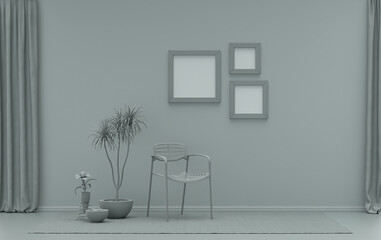 Gallery wall with three frames, in monochrome flat single ash gray color room with single chair and plants,  3d Rendering