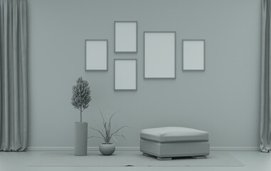 Single color monochrome ash gray color interior room with single chair and plants,  5 poster frames on the wall, 3D rendering