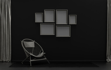 Poster frame background room in flat black and metallic silver color with 6 frames on the wall, solid monochrome background for gallery wall mockup, 3d rendering